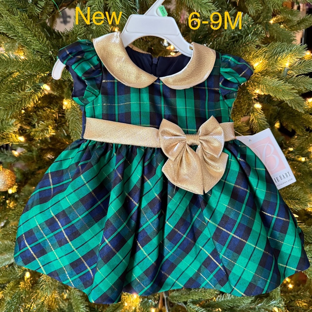 Girls Dress, Bonnie Baby Brand, 6-9M, New, Christmas colors Green plaid and Gold